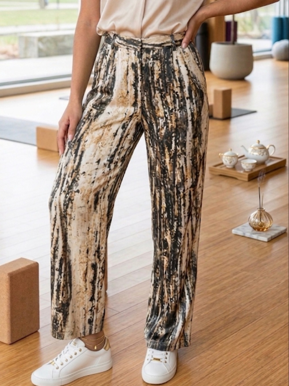 Zara Black, Cream & Gold Abstract Wide-Leg Pants